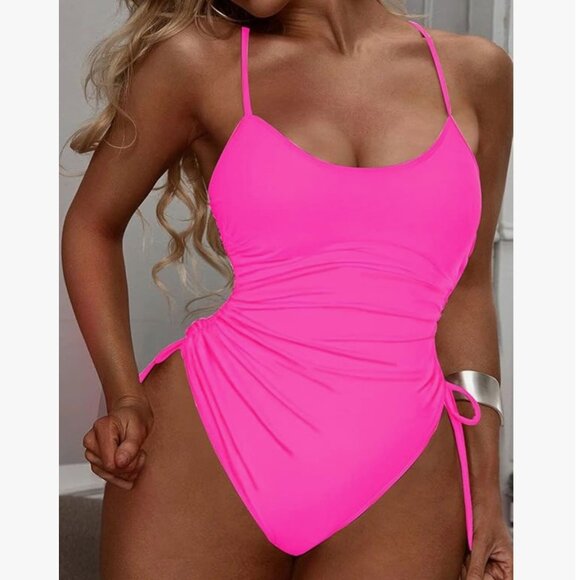 Hot Pink Drawstring Sides One Piece Swimsuit - Picture 4 of 4